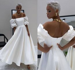 1960s Vintage A Line Wedding Dresses Short Ankle Length Bridal Gowns Off Shoulder Half Sleeves Satin Pleats vestido de noiva Custom Made