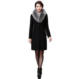 Women's Wool & Blends Woolen Coat Women 2021 Autumn Winter Khaki Black Fur Collar Fashion Tops Plus Size Slim Temperament Long Jacket GH518