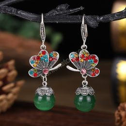 Women Vintage Rhinestone Colorful Opal Dangle Earrings Classic Ethnic Butterfly Antique Silver Color Alloy Drop Earrings Luxury Jewelry