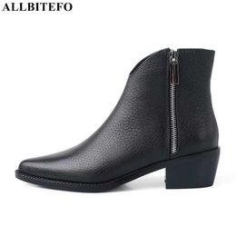 ALLBITEFO High quality genuine leather thick heels ankle boots for women retro high heels party women boots women heels shoes 210611