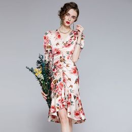 Designer Runway V Neck Summer Women Pink Rose Flower Print Ruffles Bodycon Draped Mermaid Knee Lenght Slim Dresses 210514