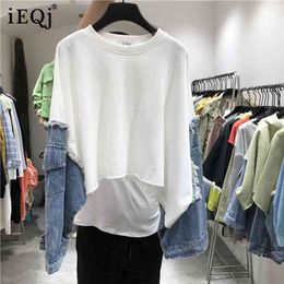 [IEQJ] Spring Summer Pattern Round Collar Long Sleeve Denim Patchwork Pullovers Streetwear Sweatshirt Women AH61206 210728
