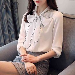 spring chiffon bow women shirts long sleeved blouses office lady fashion clothing slim sweet D452 30 210521