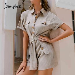 Mid-gray High Waist Short Solid Cotton Linen Button Short-sleeved Romper Casual Lace-up Spring Summer Jumpsuit 210414