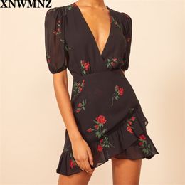 women Vintage Rose Print Summer Dress Fashion Chiffon Black Party dress Sexy V Neck vestidos 210520