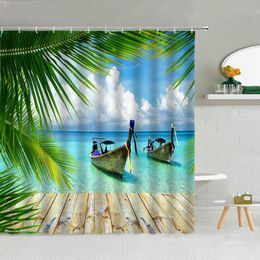 Shower Curtains Summer Vacation Seaside Scenery Curtain Boardwalk Canoe Green Plant Leaf Sea Landscape Bathroom Decor Blue Hooks