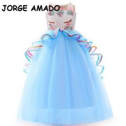 Summer Teenager Girls Dresses Cartoon Unicorn Appliques for Party Wedding Piano Perform Kids Clothes E0606 210610