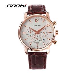 Sinobi Fashion Mens Watches Top Brand Calendar Chronograph Leather Watchband Wrist Watch Business Montre Hommes Zegarek Damski Q0524