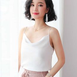 Korean Fashion Silk Women Tops Tees Woman Satin Tank V Neck Solid s Camis White Crop Elegant OL 210531