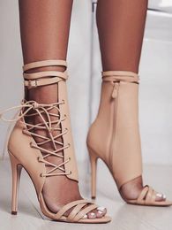 Summer Top Quality Design Hollow Out Cross-Tied Lace Up Sandals Boots Sexy Peep Toe Zip Ankle Buckle Strap Stiletto Heels Shoes