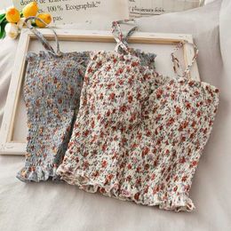 Sweet girl style floral camisole female belt chest pad summer short top elastic waist mini vest 210604
