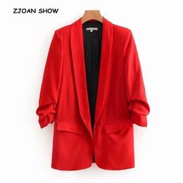 Chic Candy Solid Color Ruched Cuff Mid Long Blazer With Lining Woman Shawl Collar Slim fit Suit Casual Jacket Coat Outerwear 210330