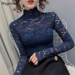 Spring Autumn Lace Shirt Blouse Women Long Sleeve Tops Turtleneck See Through Sexy Female Blouses Blusas 11418 210512