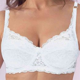 YANDW Brand Lingerie Comfort Lace Crop Top Ultra-thin Wire White Bras for Women sexy Brassiere Embroidery A B C D DD E F 34-44 210728