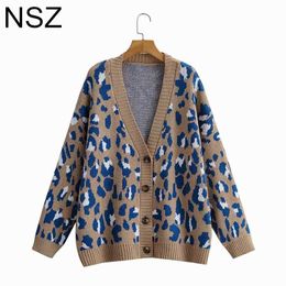 NSZ Women Animal Print Leopard Oversized Sweater Cardigan Autumn Wide Large Size Knit Jacket Coat Jumper Knitwear Jersey 210928