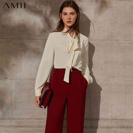 Minimalism Spring Causal Women's Blouse Offical Lady Chiffon Bow Neck Solid Loose Shirt Tops 12130063 210527