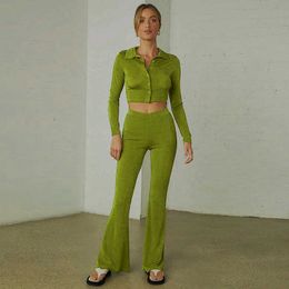 Casual Slim Solid Green Orange Two Piece Sets Women Tracksuit Long Sleeve Button Up Shirts+Flare Pants Matching Set Office Lady 210625