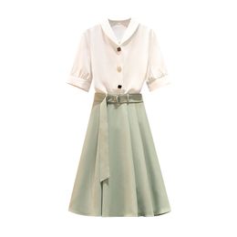 Women Two Pieces Set White Shirt Short Sleeve Knee Length Skirt Green Turn Down Collar T0418 210514