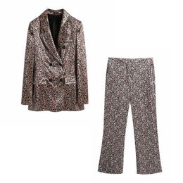 Autumn and winter retro suit pants women's two-piece velvet print long sleeve ladies jacket Casual trousers 210527