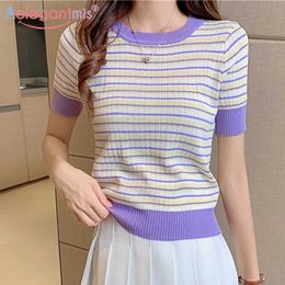 Aelegantmis Women Striped Knitted Pullovers Sweaters Female Short Sleeve Knit Primer Shirt Ladies O Neck Casual Knitting Jumpers 210607