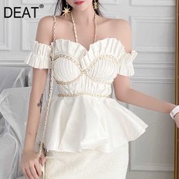 [DEAT] Summer Fashion Tops Chain Sleeveless Card Shoulder Halter Collar Solid Colour Elegant Women Shirt 13Q294 210527