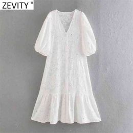 Women Elegant Hollow Out Embroidery Casual White Shirtdress Female Lantern Sleeve Hem Ruffles Vestido Chic Dresses DS8172 210420