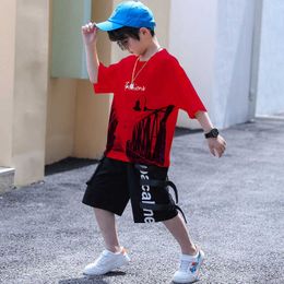 Summer Boys Clothes New Casual Children Clothing Sets Short Sleeve T Shirt + Black Short Pants Kids Suit For Boys 4 6 8 10 12 Y X0802