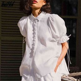 Petal Puff Sleeve White Summer Tops Women Loose Cotton Blouses Short Sleeve Casual Single-Breasted Lace-Up Shirts 210514