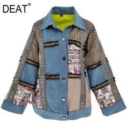 summer women clothes turn-down collar contrast Colours single breasted denim patchwork loose fits jacket female top WP92705L 210421