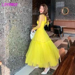 autumn with fluorescent yellow mesh yarn temperament cake layer dress Office Lady Polyester 210416