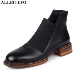 ALLBITEFO high quality genuine leather thick heels ankle boots for women brand high heels women boots girls boots women heels 210611