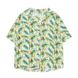 Hawaii Women Banana Turn Down Collar Button Loose Green Shirt Print Blouse Short Sleeve B0078 210514