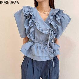 Korejpaa Women Shirts Summer Temperament Lace V-Neck Double-Layer Ruffle Stitching Lace-Up Waist Lantern Sleeve Blouses 210526