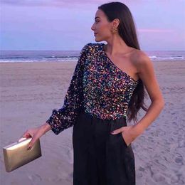 Colourful Sequin Blouse Shirt Casual Sexy Club Crop Top One Sleeve Short Tops Shirts Summer 210427