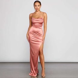 Stretch Satin Evening Party Maxi Dress Summer Sexy Spaghetti Straps Sleeveless Backless High Split Pleated Square Neckline Y0726