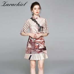 Vintage Cartoon Print Women Plaid Female Casual Stand Collar Flare Sleeve Dresses Summer A-line Mini Cheongsam Dress 210416