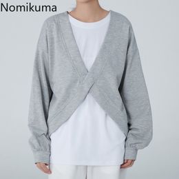 Nomikuma Patchwork Korean Style Sweatshirt Women Fake Two Piece O Neck Long Sleeve Hoodies Casual Loose Jackets Arrival 210514