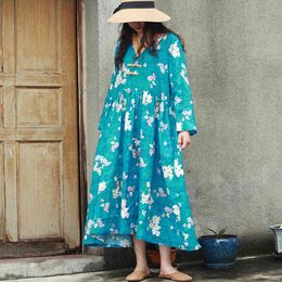 Johnature Autumn Vintage Print Floral Dress V-Neck Long Sleeve Linen Female Clothes Chinese Style Button Pleated Dress 210521