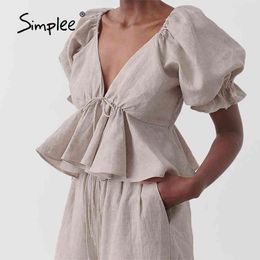 High street casual puff sleeves women blouse summer Elastic bow sash ruffled crop top sexy Deep v-neck solid tops lady 210414