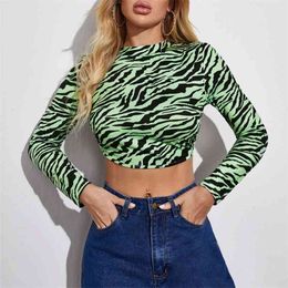 Women T-Shirt Striped Print Short Backless Lace-Up Long Sleeve Skinny Slim Fit Casual O-Neck Fashion Streetwear 210522