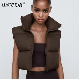 Brown Cropped Sleeveless Down Jacket Vest Coat Female Stand Collar Zipper Waistcoat Autumn Winter Ladies Casual Outerwear 211216