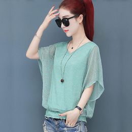 Women's Blouses & Shirts Women Spring Summer Style Chiffon Lady Casual Short Batwing Sleeve V-Neck Blusas Tops DF2838