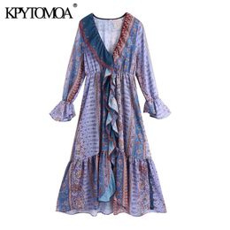 Women Fashion Patchwork Print Ruffled Asymmetric Midi Dress Long Sleeve Elastic Waist Female Dresses Mujer 210420