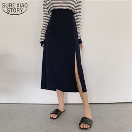 Korean Black Slim A-line High Waist Midi Skirts Autumn Side Split Stitching Women's Skirt Jupe Femme 10631 210508