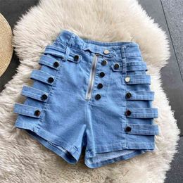 Summer Denim Women's High Waist Slim Slimming Side Metal Breasted Motorcycle Wide-leg Shorts C643 210507