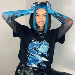 Gothic Flame Mesh Patchwork Dragon Sweatshirt Women Harajuku O-Neck Long Sleeve Hoodies Sweat Shirt Cotton Pullover Y2k Top 210510