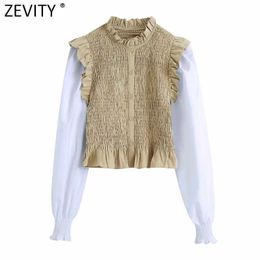 Zevity Women Vintage Agaric Lace O Neck Patchwork Pleated Short Smock Blouse Female Ruffles Shirt Chic Blusas Tops LS7494 210603