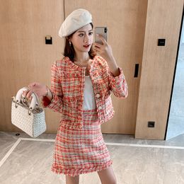 Women Autumn Winter Tweed Orange Plaid Two Piece Suits Buttons Tassels Short Jacket Coat And Mini A-line Skirt Sets 210416