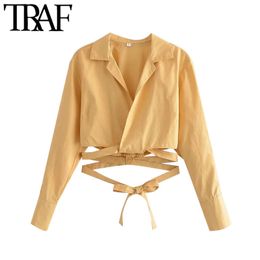 TRAF Women Fashion With Tied Cropped Blouses Vintage Long Sleeve Crossover Female Shirts Blusas Chic Tops 210415