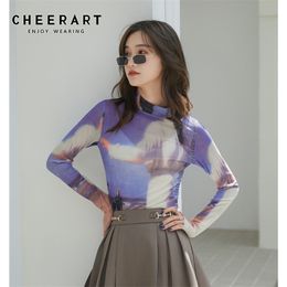 CHEERART 80s Clothes Vintage Long Sleeve Mesh Top Turtleneck T Shirt Women See Through Print Tshirt Graphic Tee Designer Fashion 210330